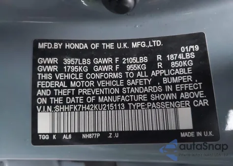 2019 Honda Civic Sport из США, поврежденный, VIN SHHFK7H42KU215113